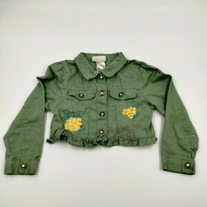 Little Lass Green Snap Down Crop Jacket Embroidered Flowers Size 4T Little Lass